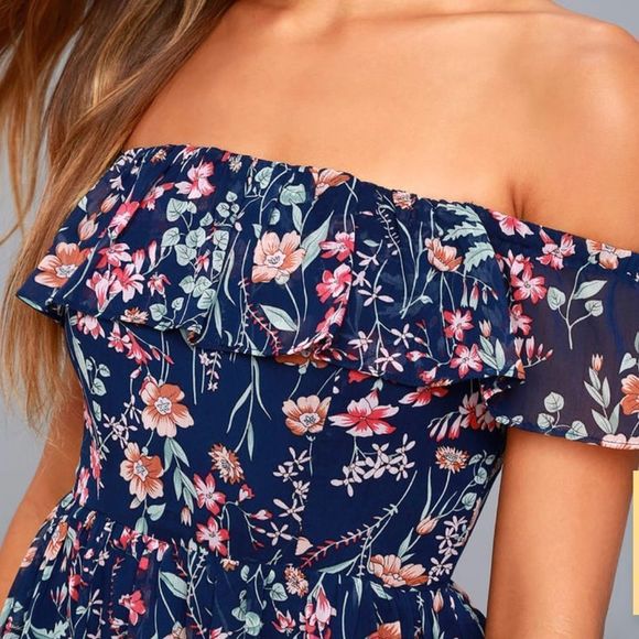Lulus Women’s My Favorite Navy Floral Print Off The Shoulder Mini Dress Size XS - Picture 4 of 10